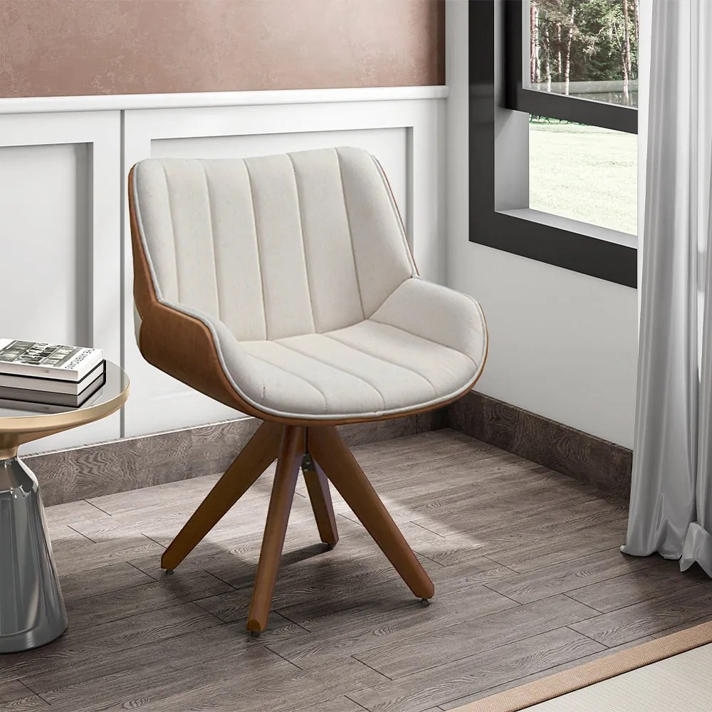 Poltrona Decorativa Base em Madeira Giratória Traoré Linho com PU OffWhite/Marrom G33 - Gran Belo