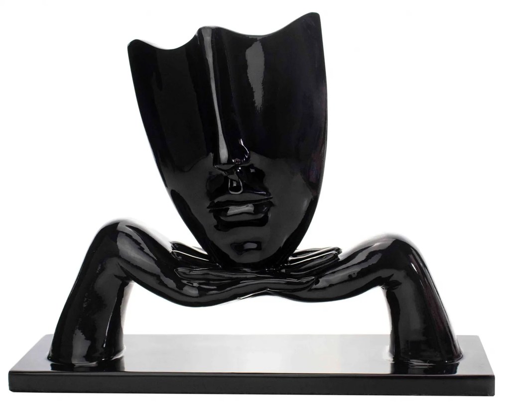Escultura Máscara Com Base Descanso Em Cerâmica Preto 23x30 Cm - D'Rossi