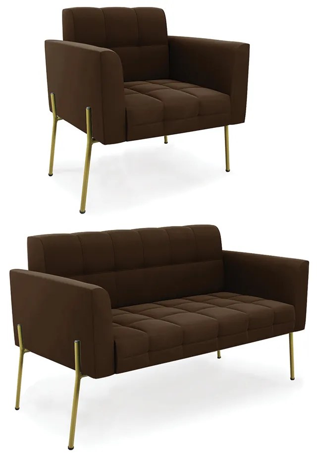 Sofá Namoradeira e Poltrona Pé de Ferro Dourado Elisa Suede D03 - D'Rossi - Marrom