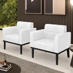 Poltrona Base Madeira Preto Kit 2 Ana Sintético PU Branco - Ibiza
