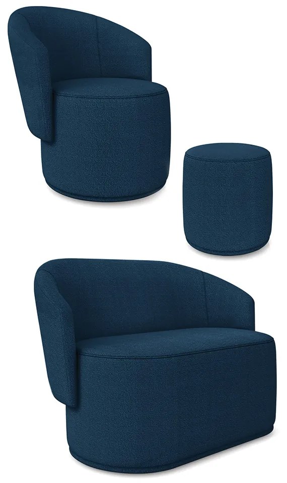 Sofá Namoradeira com Poltrona e Puff Orgânico Sala Malu Bouclê Azul M11 - D'Rossi