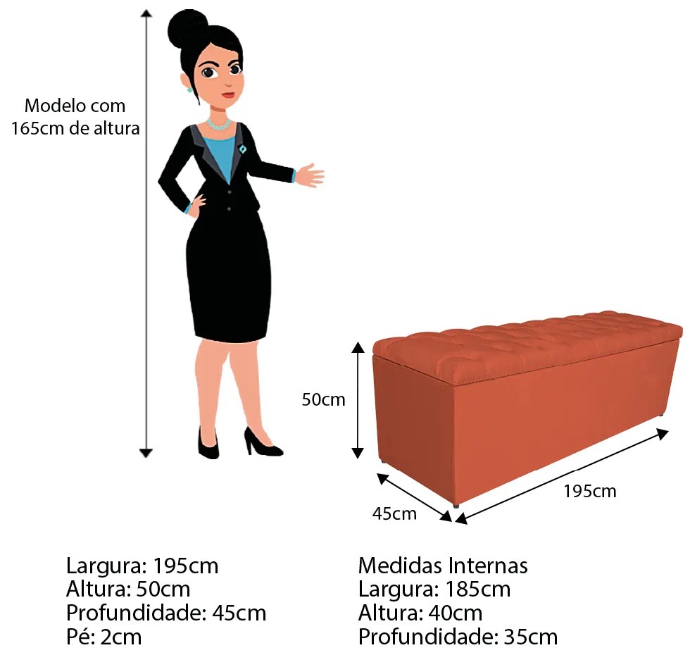 Calçadeira Estofada Liverpool 195 cm King Size Suede Terracota - ADJ Decor