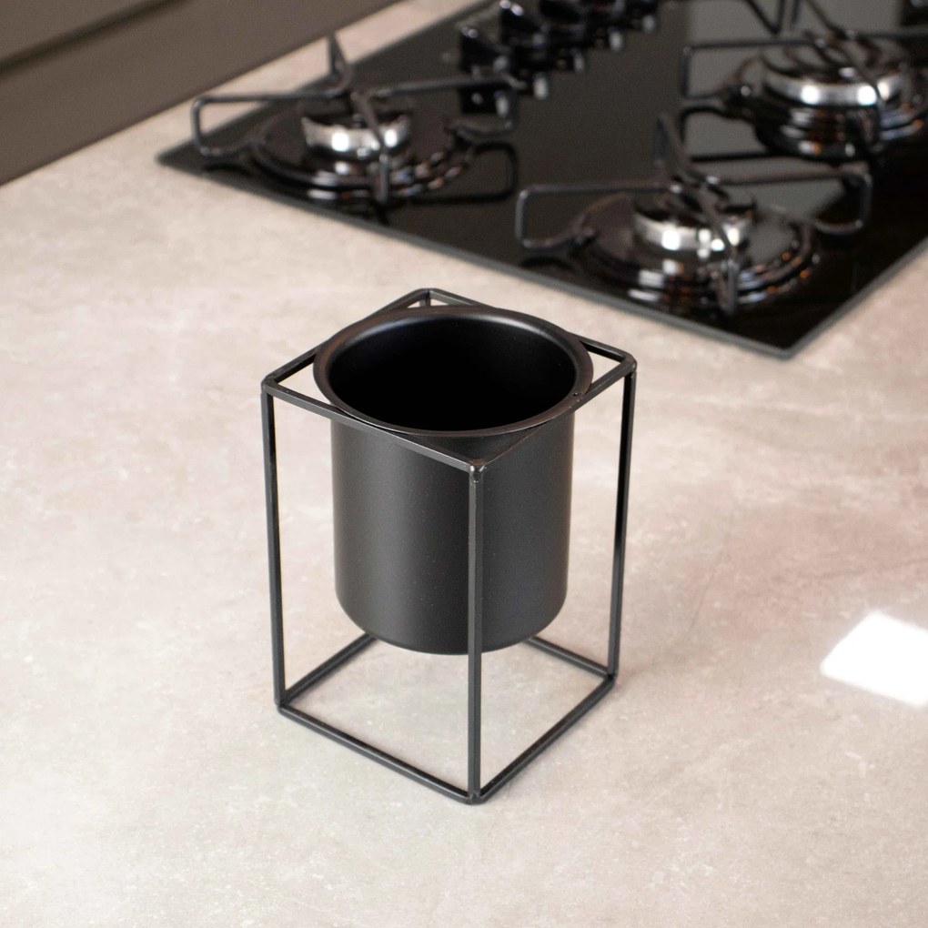 Vaso Decorativo Preto Com Suporte Em Metal 16x11 Cm F04 - D'Rossi