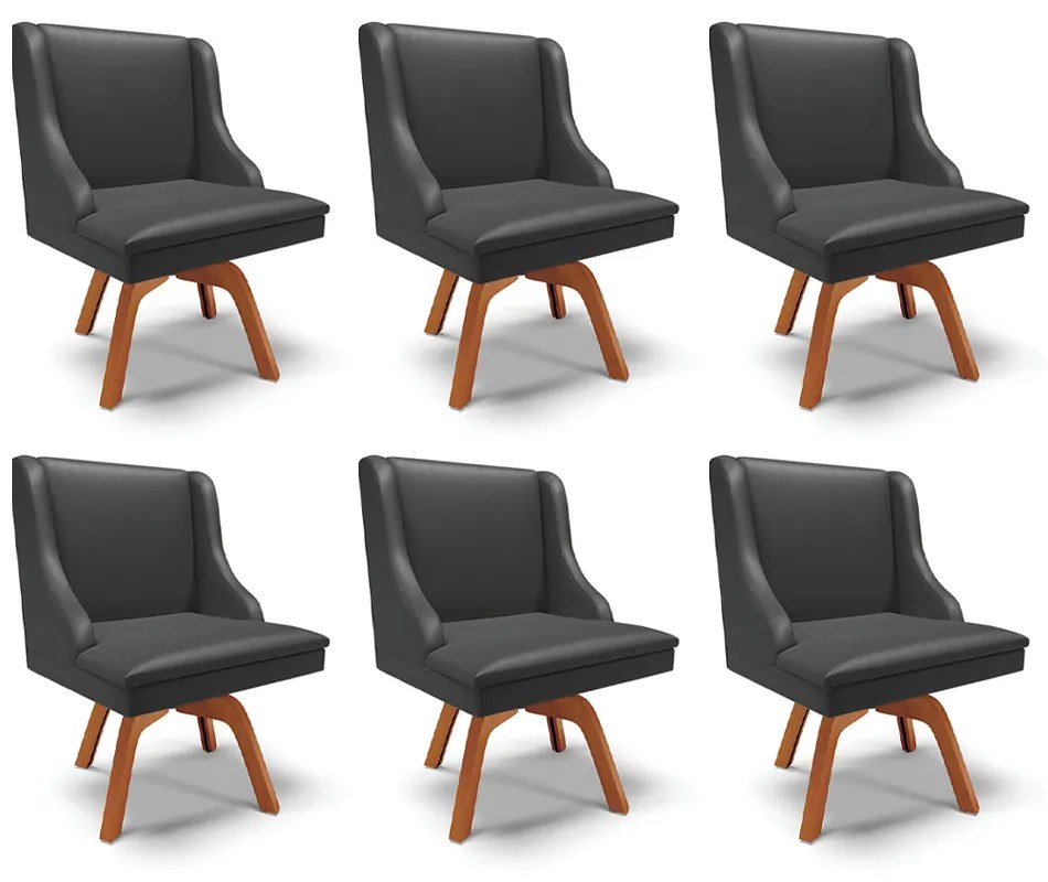 Kit 6 Cadeiras Decorativas Sala de Jantar Base Giratória de Madeira Firenze PU Preto Fosco/Natural G19 - Gran Belo