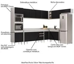 Armário de Cozinha Modulada de Canto 8 Peças CP08 Balcão com Tampo Bra