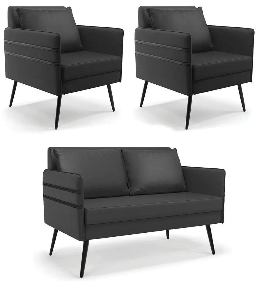 Kit 01 Namoradeira 02 Lugares e 02 Poltronas Mari Corino Preto Pés Palito de Ferro