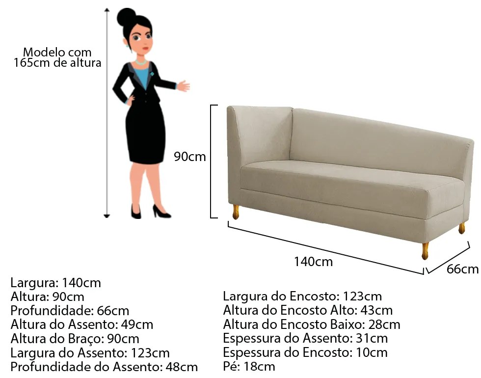 Recamier Valéria 140cm Lado Esquerdo Suede Bege - ADJ Decor
