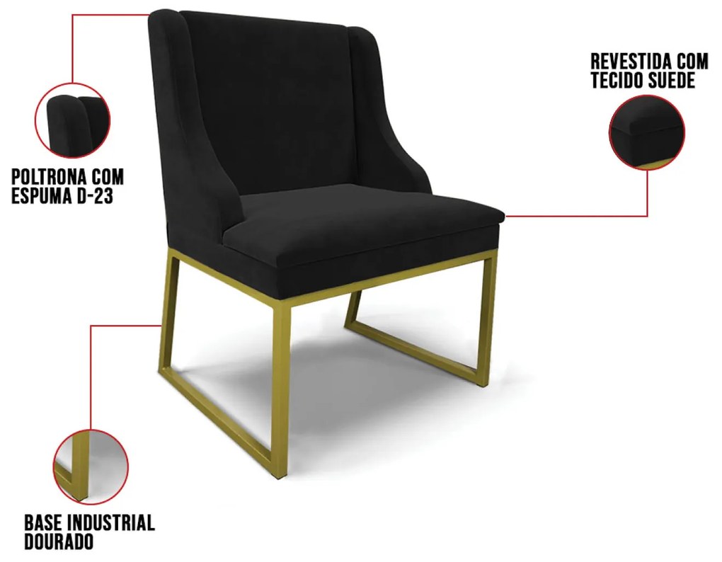 Cadeira Sala de Jantar Industrial Dourado Kit 8 Liz Suede D03 - D'Rossi - Preto
