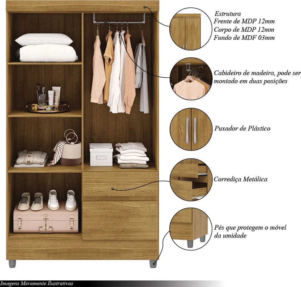 Guarda Roupa Solteiro Abruzzo 4 Portas de Bater 2 Gavetas com Cabideiro Nature G98 - Gran Belo