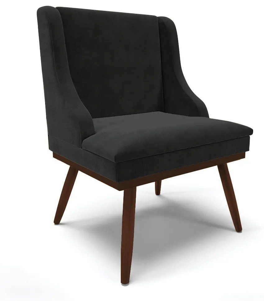 Cadeira de Jantar Liz Suede Base Fixa Madeira com Pés Palito Tabaco D03 - D'Rossi - Preto