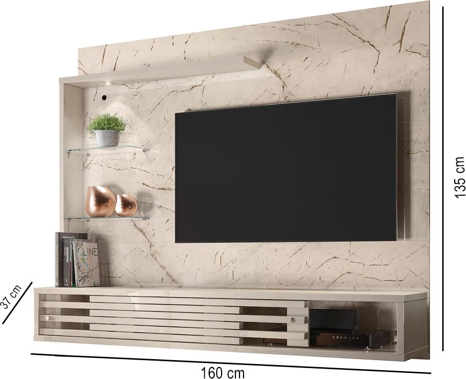 Painel TV 50 Pol 160cm Bancada Suspensa Sala Ravian Calacata/Off White M20 - D'Rossi