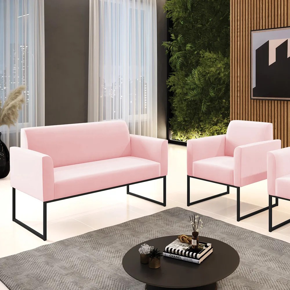 Sofá Namoradeira com Poltrona Base Industrial Preto Marisa Suede Rosa Bebê D03 - D'Rossi