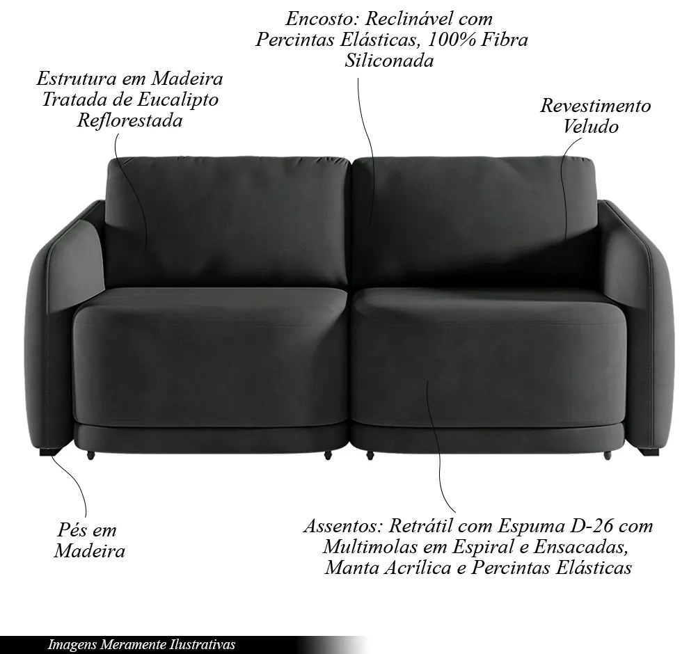Sofá Cama Modulado Retrátil e Reclinável Decorativo Varsóvia 236cm Veludo Cinza Chumbo G33 - Gran Belo