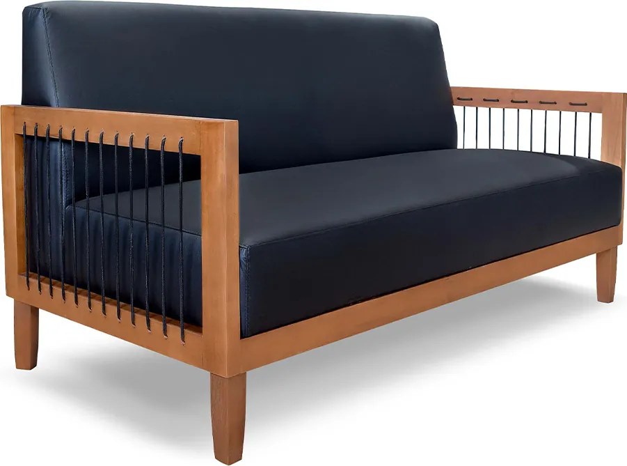 Sofá Namoradeira 2 Lugares Sala de Estar Pés Madeira Maciça Corda Náutica Preta 160cm Manila PU Preto G63 - Gran Belo