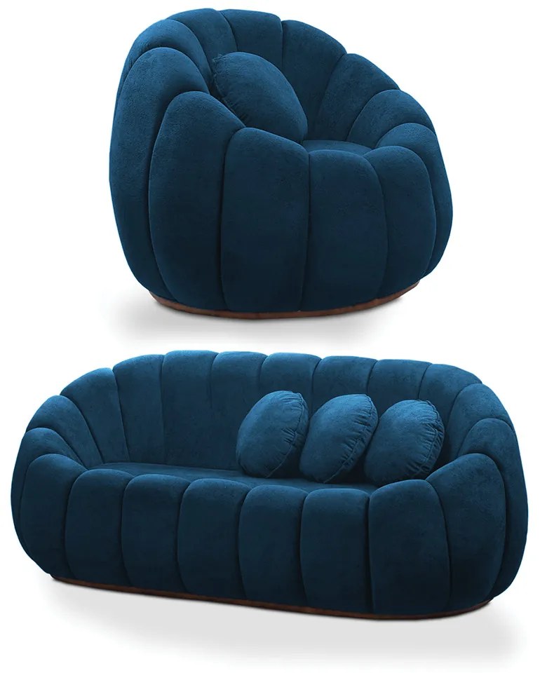 Sofá 2 Lugares com Poltrona Orgânica Fixa Cloud Bouclê E03 - D'Rossi - Azul Marinho