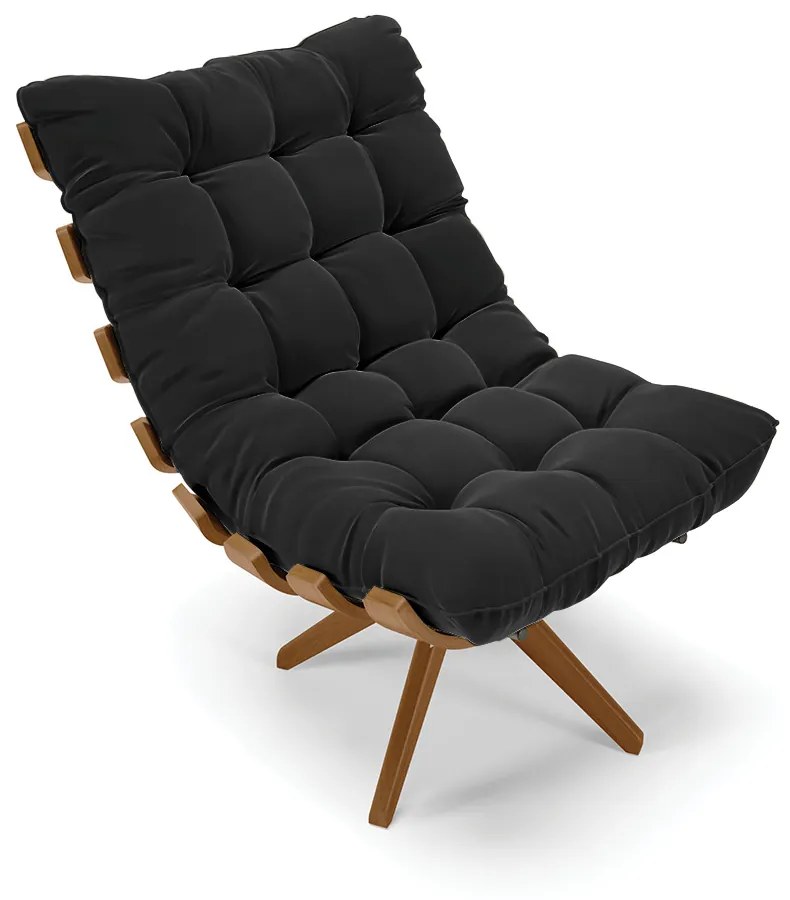 Poltrona com Puff Giratório Costela Suede Base de Madeira MA30 M11 - D'Rossi - Preto