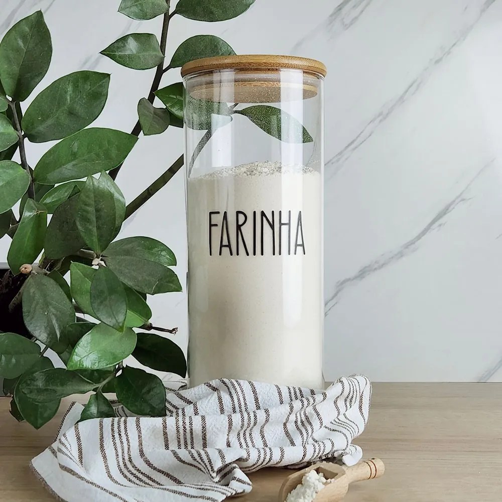 Pote de Vidro e Tampa de Bambu com Etiqueta