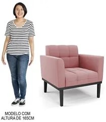 Sofá Namoradeira e 2 Poltronas Base Madeira Preto Ana Suede Rosê - Ibi