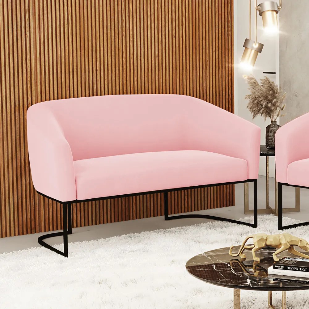 Sofá 2 Lugares Namoradeira Industrial Preto Stella Suede Rosa Bebê D03 - D'Rossi