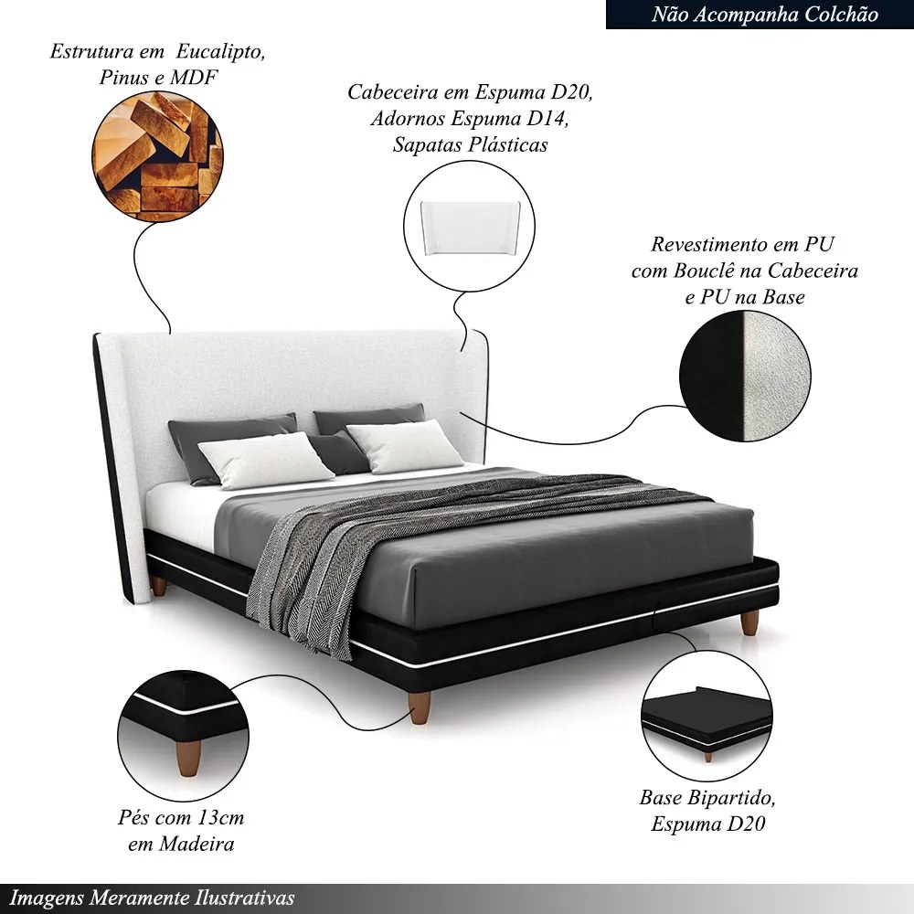 Conjunto Cama com Cabeceira Casal Torres Pés em Madeira PU/Bouclê Preto/Off White G91 - Gran Belo