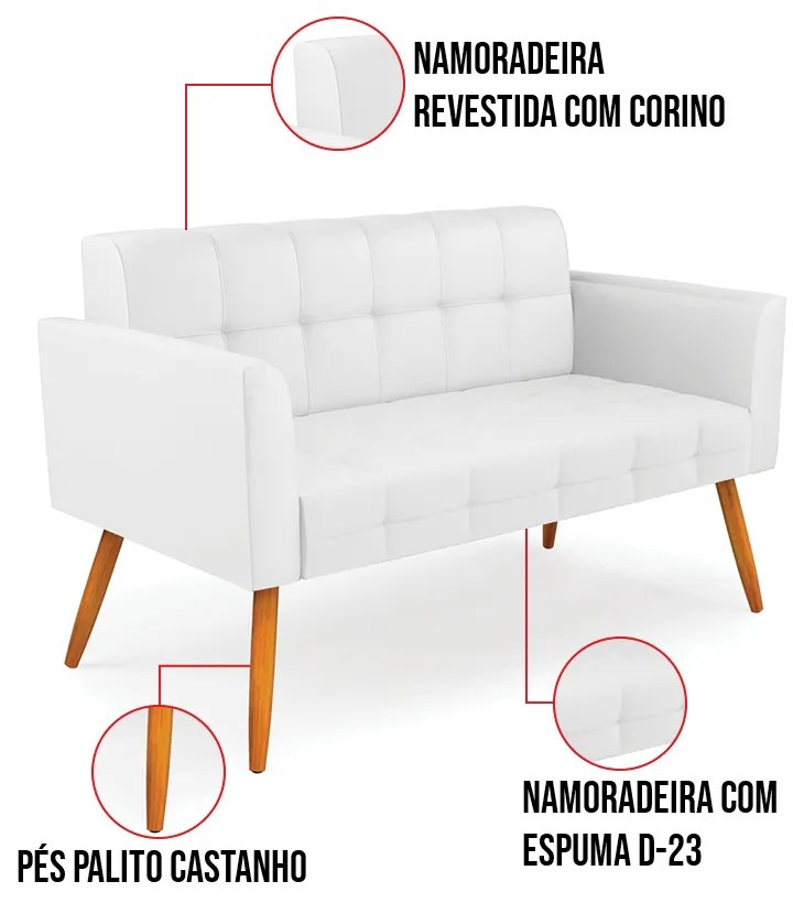Kit 1 Sofá Namoradeira e 1 Poltrona Elisa Corino Pés Palito Castanho D03 - D'Rossi - Branco