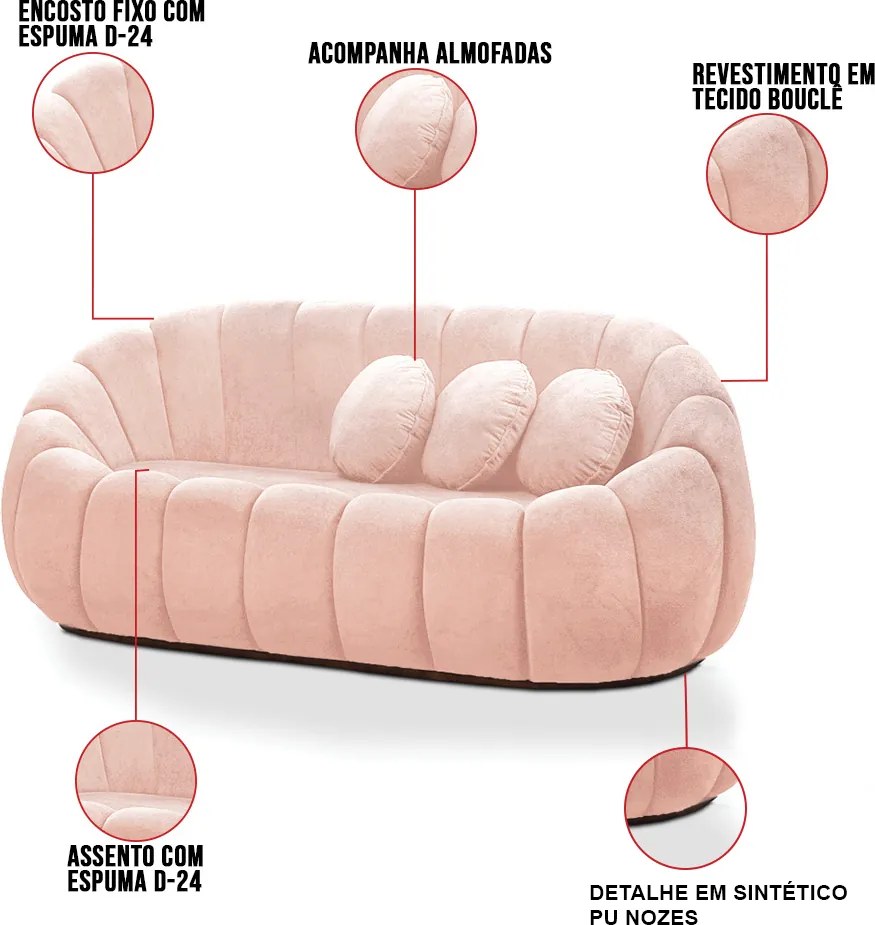 Sofá 2 Lugares com Puff e Poltrona Orgânica Fixa Cloud Bouclê E03 - D'Rossi - Rose