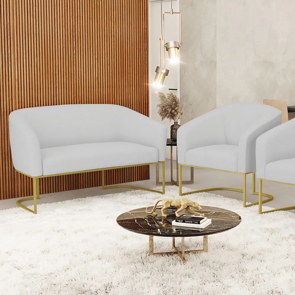 Sofá Namoradeira e Poltrona Base Industrial Dourado Stella Linho D03 - D'Rossi - A05 Cinza