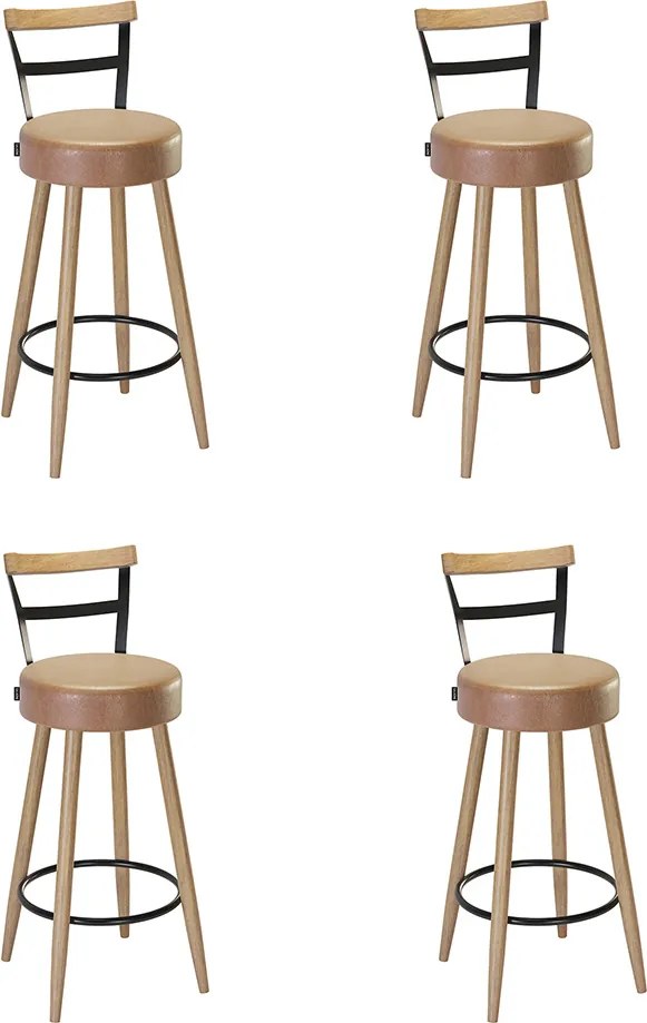 Banqueta Alta Cozinha 70cm Encosto Pé Madeira Kit 4 Kyara Pu S02 - D'Rossi - Caramelo