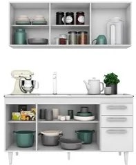 Armário Aéreo Parma e Balcão Gabinete Lisboa com Pia Inox 150cm Branco