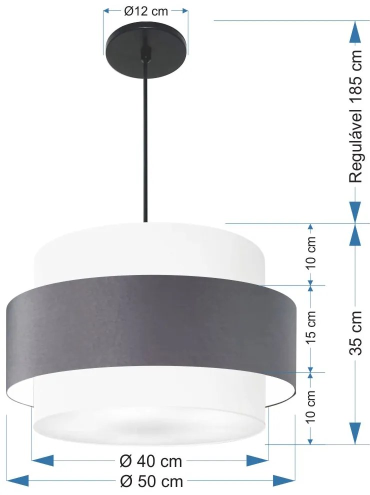 Lustre Pendente Cilíndrico Md-4384 Cúpula em Tecido Branca Cinza Tam 50cm