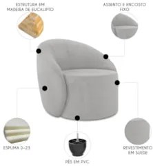 Sofá 4 Lugares 220cm Wendi e Poltrona Steve Suede Cinza I01 - Mpozena