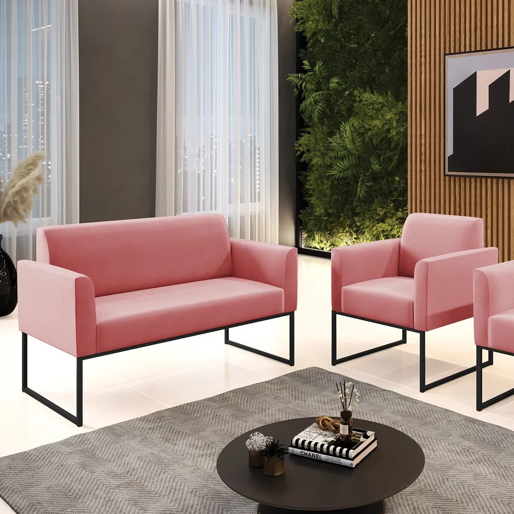Sofá Namoradeira com Poltrona Base Industrial Preto Marisa Suede Rosê D03 - D'Rossi