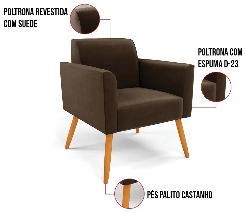 Kit 2 Poltronas Pés Palito Castanho Marisa Suede D03 - D'Rossi - Marrom
