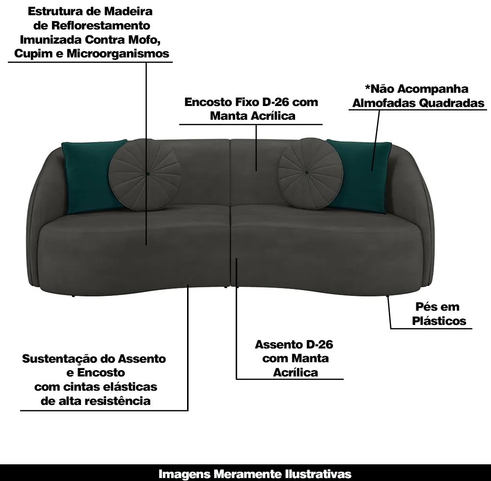 Sofá Decorativo 240cm com Almofadas Redondas Clarke Veludo Cinza G45 - Gran Belo