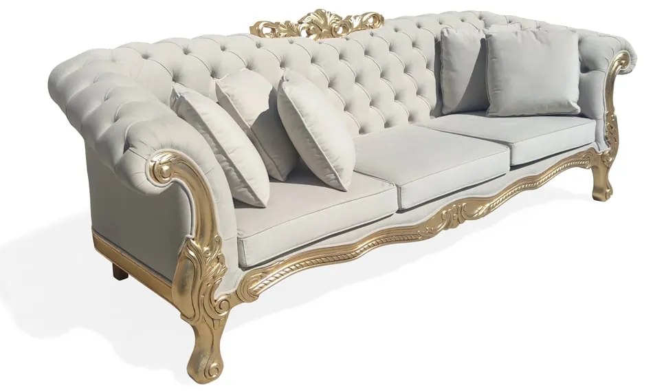 Sofá Napoleão 3 Lugares Detalhes em Capitonê Madeira Maciça Eucalipto Entalhada Design de Luxo Artesanal