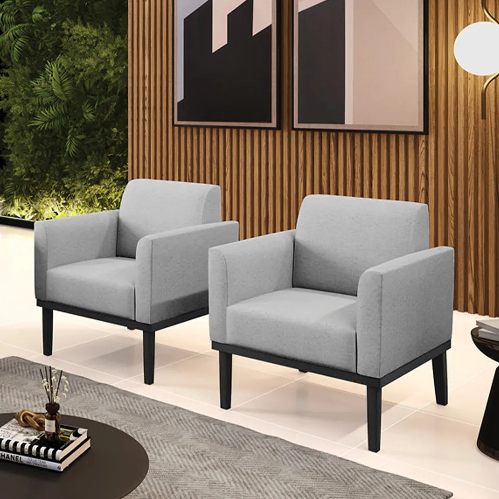 Kit 2 Poltronas Decorativas Isabella Pés Fixo em Madeira Preto Linho Cinza G19 - Gran Belo