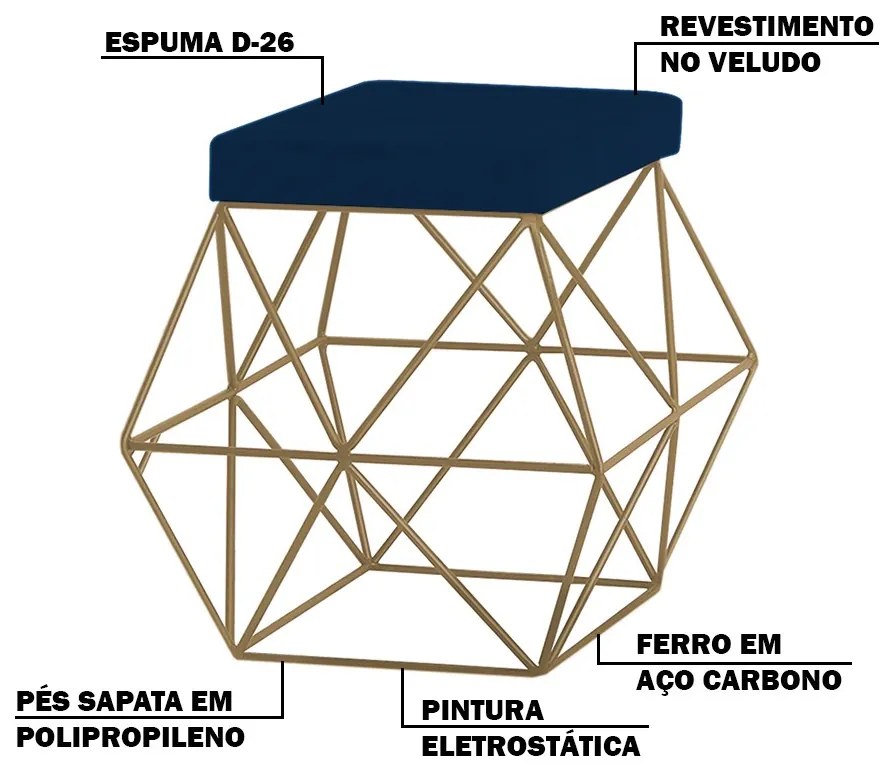 Puff Decorativo Sala de Estar Base Gold Trixie Veludo Azul G41 - Gran Belo
