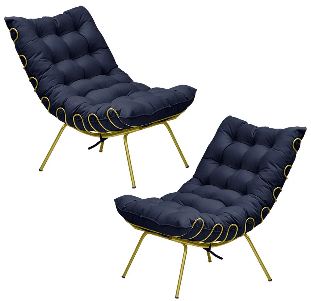 Kit 2 Poltronas Decorativas Sala de Estar Abel Base de Ferro Dourada Veludo Azul G41 - Gran Belo