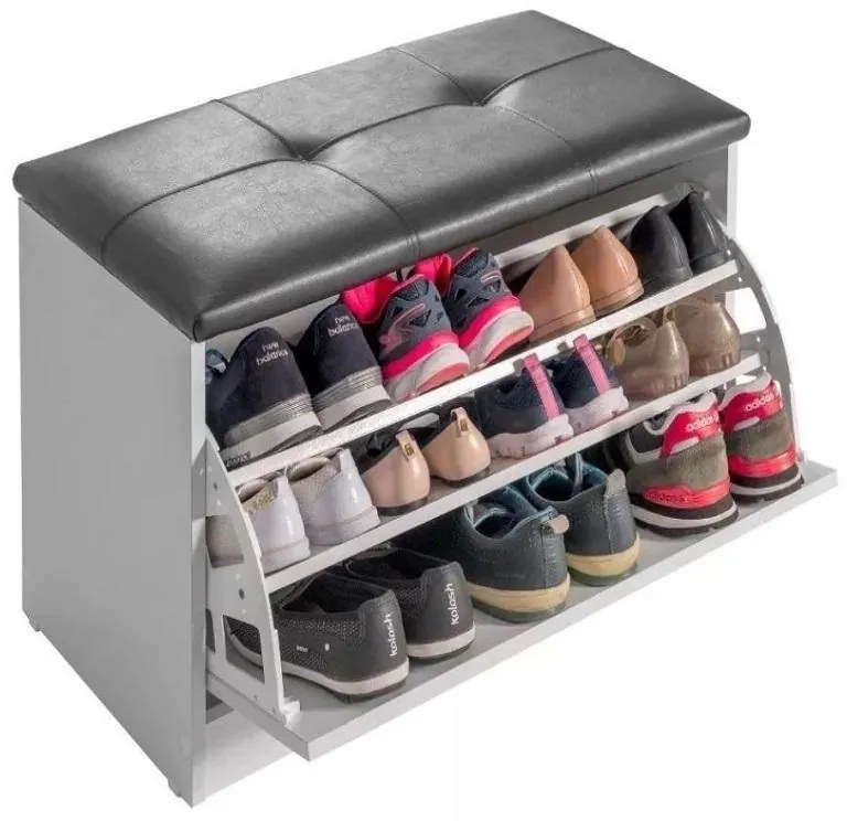 Sapateira Puff Bau Versatile Premium Luxo Até 12 Pares Branco - Estofado Preto