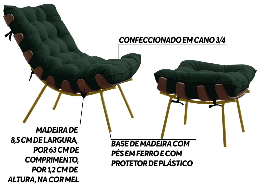 Conjunto Decorativo Poltrona e Puff Abel Base de Madeira Dourada Suede Verde G41 - Gran Belo