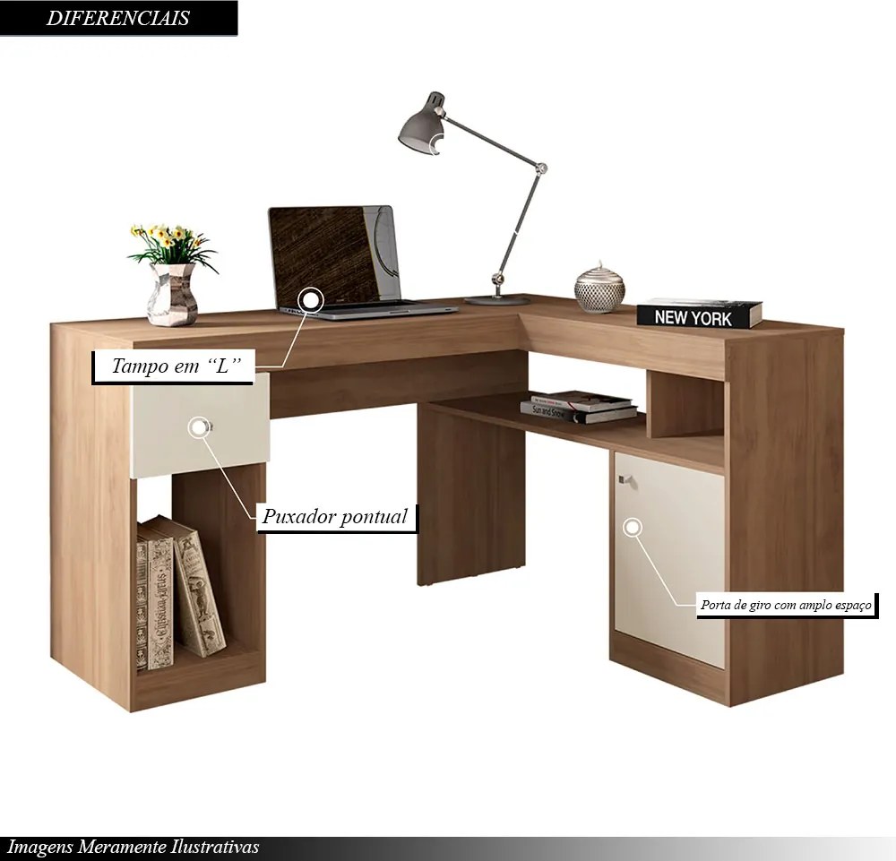 Mesa para Escritório Noma Home Tampo em L Porta e Gaveta MDP Mel/OffWhite G11 - Gran Belo