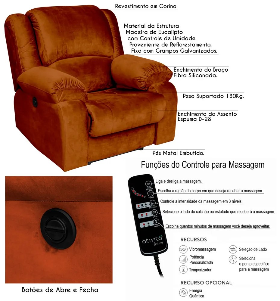 Poltrona do Papai Reclinável Elétrica com Massagem Magnum Veludo Telha G23 - Gran Belo