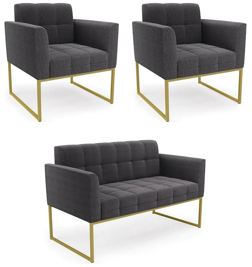 Namoradeira e 2 Poltronas Industrial Dourado Elisa Bouclê D03 - DRossi - Grafite