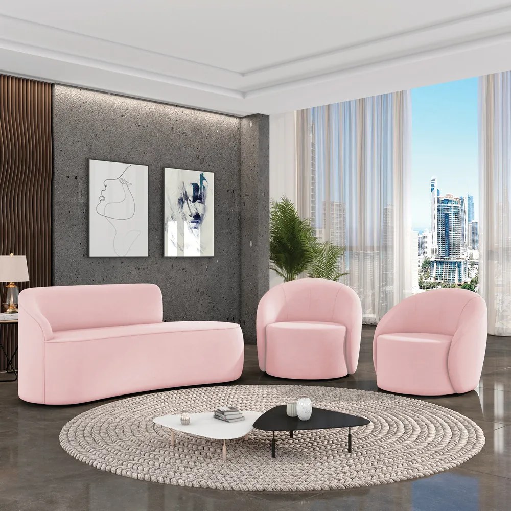 Sofá 3 Lugares Orgânico 180cm Morgan e 2 Poltronas Lua Suede Rosa Bebê D03 - D'Rossi
