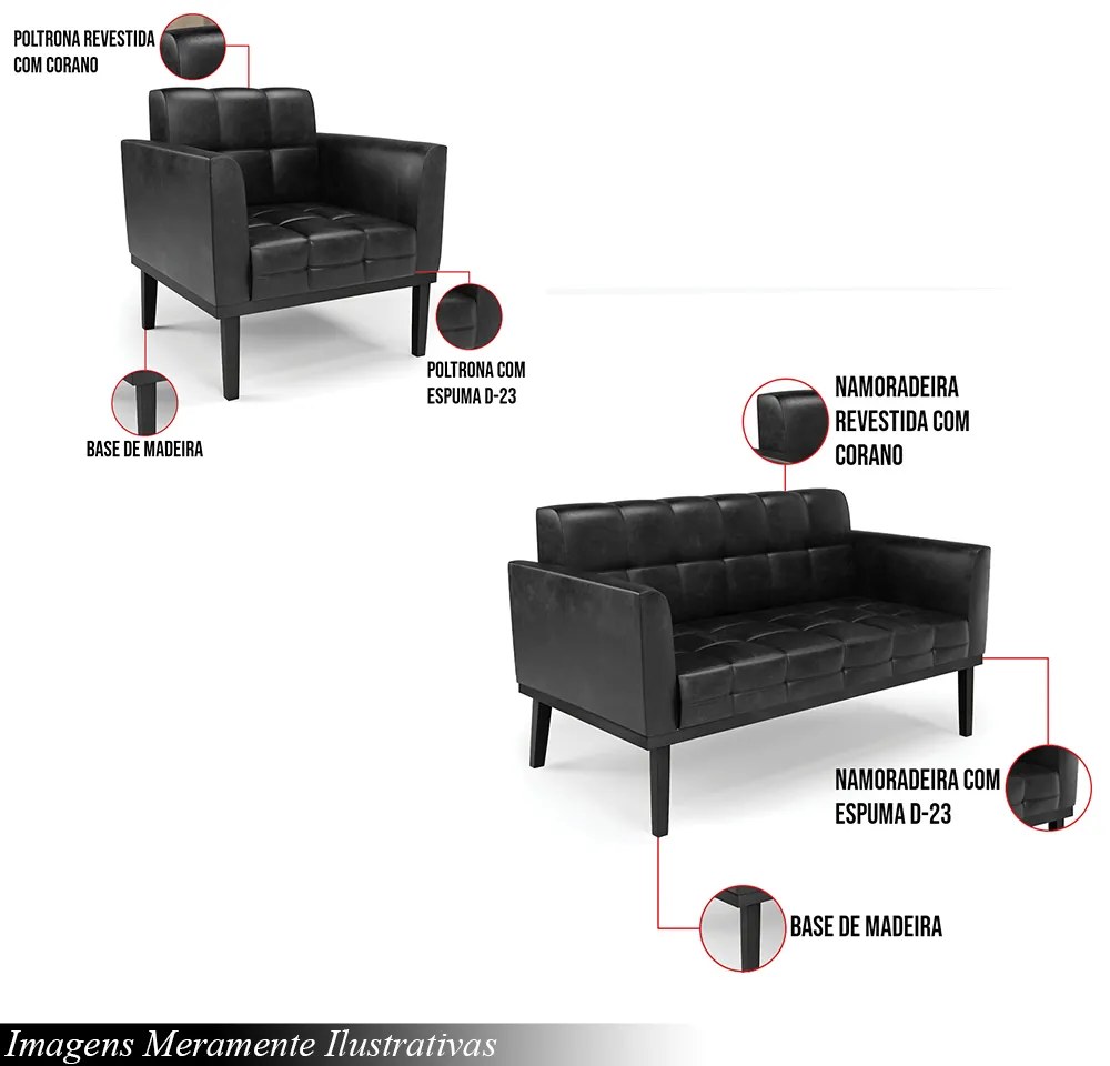Conjunto Poltrona e Namoradeira Decorativa Karen Pés Fixo em Madeira PU Preto Brilho G19 - Gran Belo