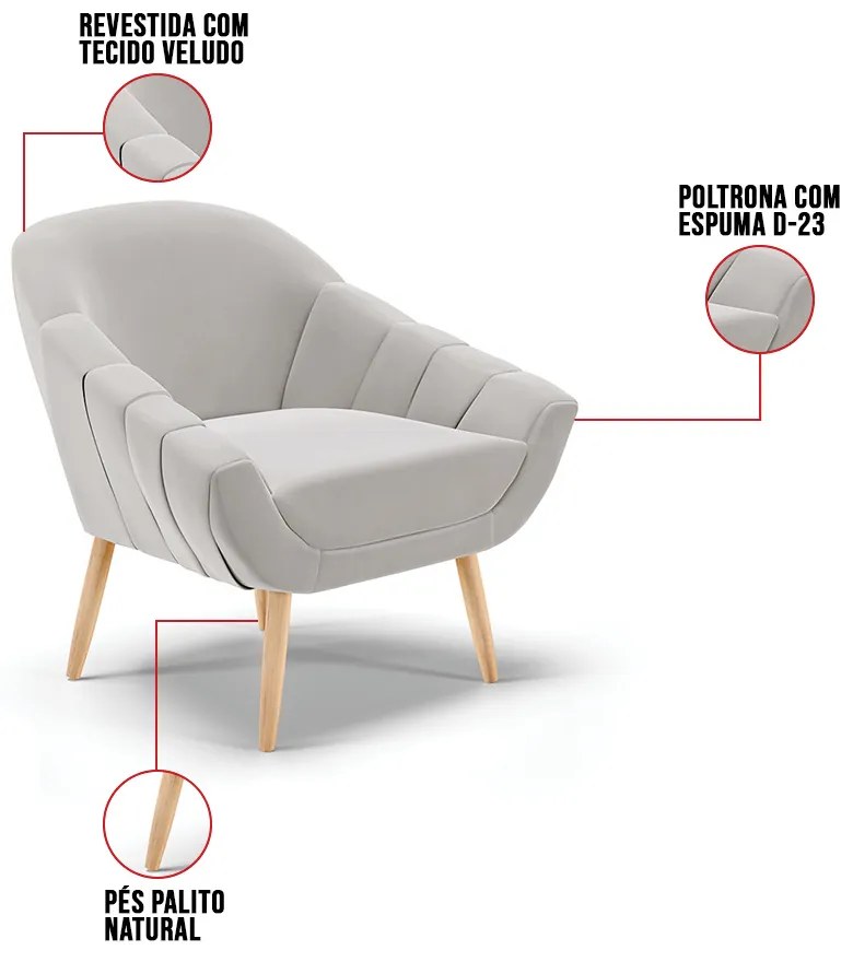 Poltrona Giovana Veludo Pés Palito Natural D03 - D'Rossi - Cinza