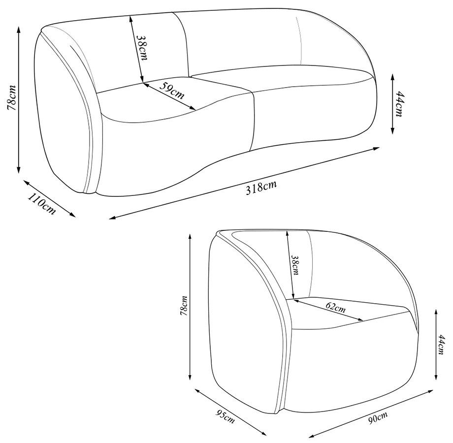 Conjunto Sofá Sala de Estar Bipartido 318cm e 2 Poltronas Clarke Veludo Marrom G45 - Gran Belo