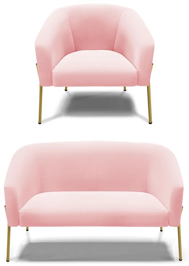 Sofá Namoradeira e Poltrona Pé de Ferro Dourado Stella Suede D03 - D'Rossi - Rosa Bebê