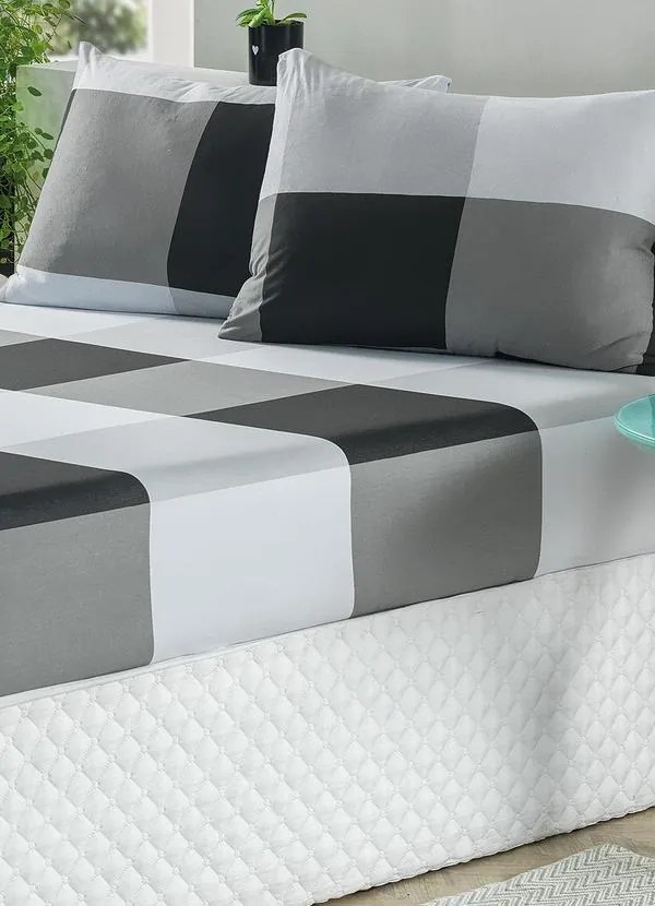Jogo de Cama Malha Xadrez Cinza Casal 3 Peças