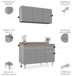 Armário Cozinha e Balcão Com Tampo 120cm Michigan Cinza     - Lumil